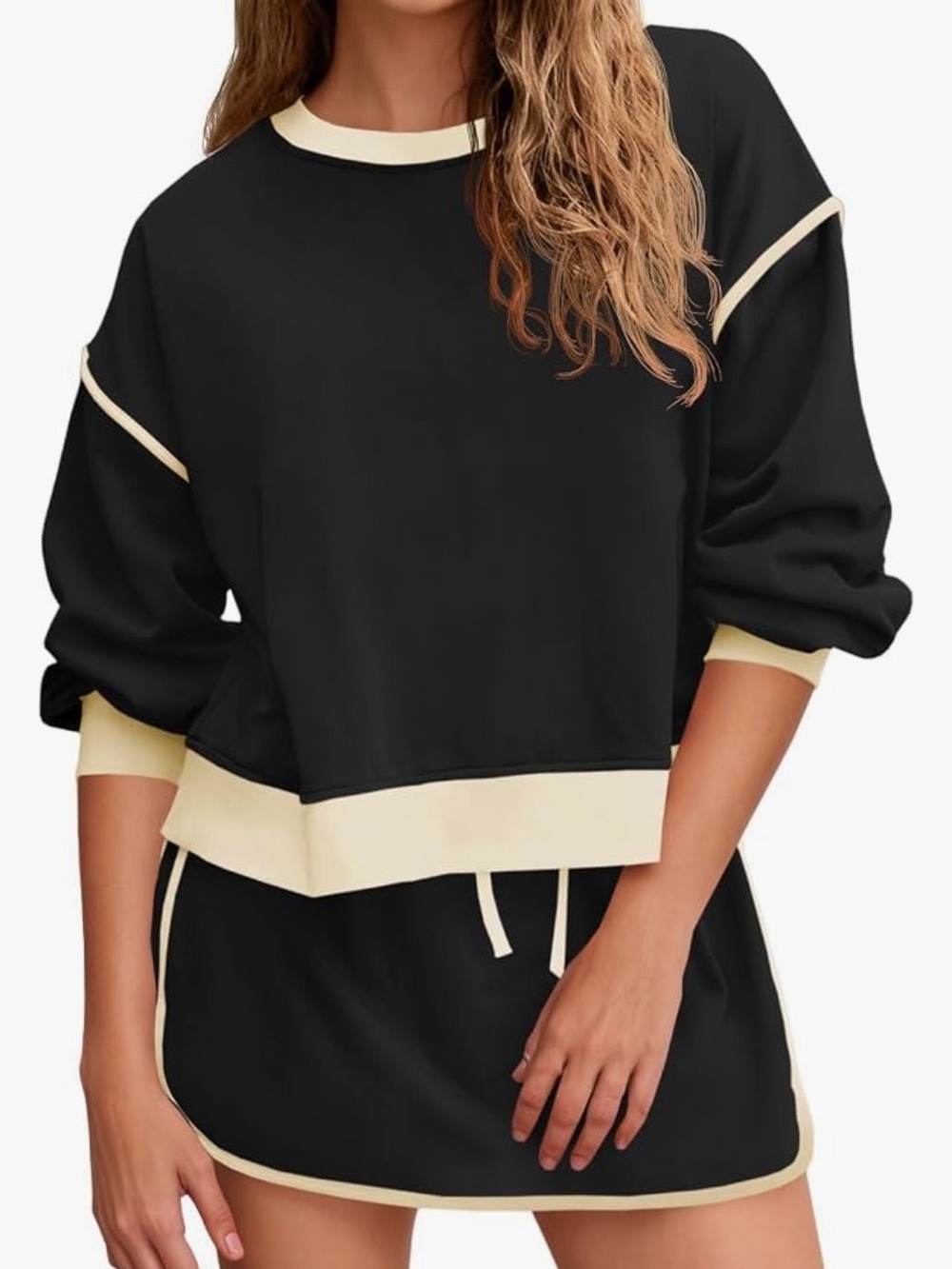 Women's Black Crewneck Sweater with Cream Trim - Casual Pullover